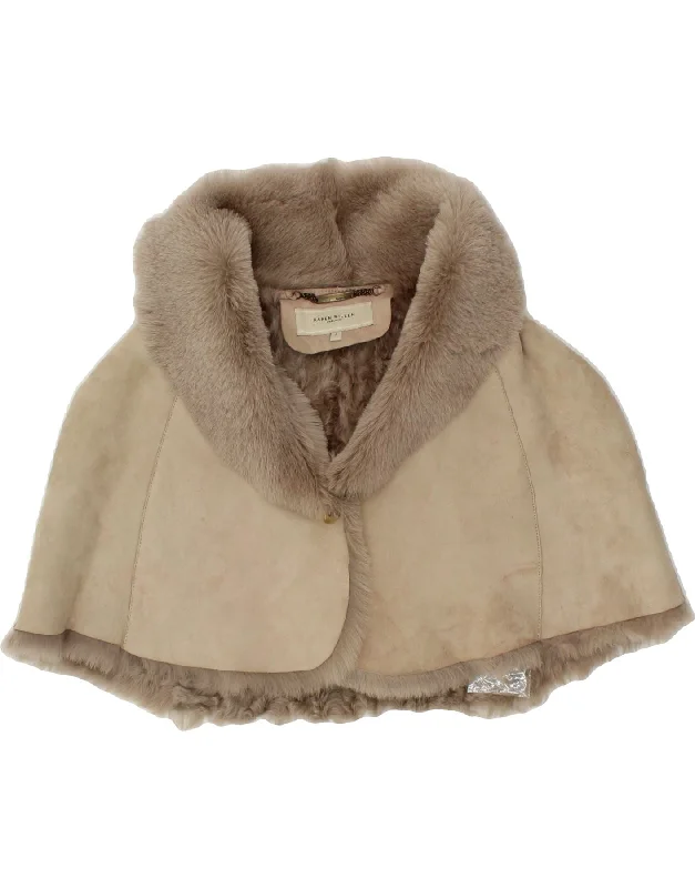 KAREN MILLEN Womens Shearling Poncho Coat US 2 XS Beige Sheepskin