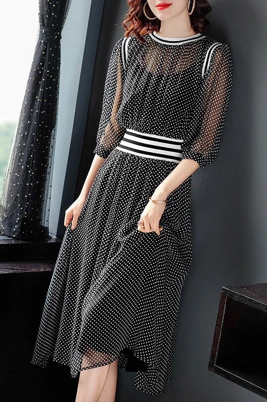 Black Polka Dot Silk Dress Classic Women's Pin - striped