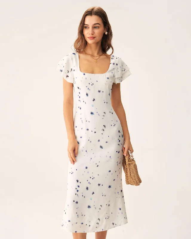 Beige Floral Square Neck Midi Dress Relaxed Women's 