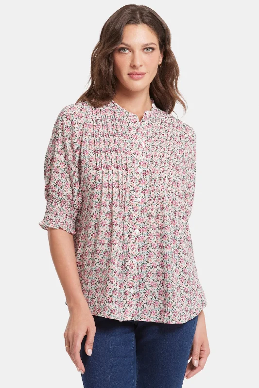 Pleated Short Sleeved Blouse - Woodland Blooms