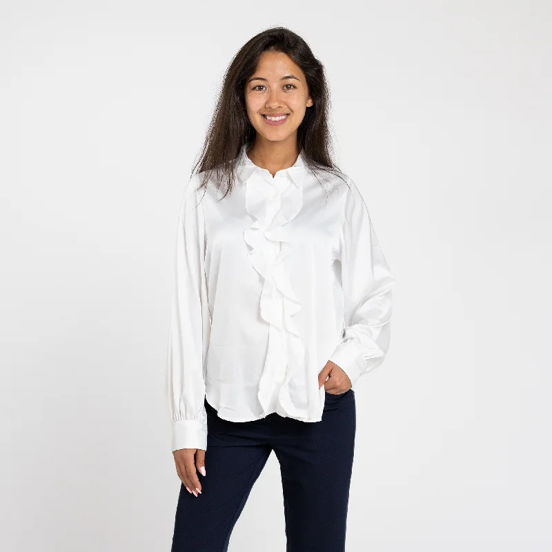 Women's White Ruffle Front Blouse