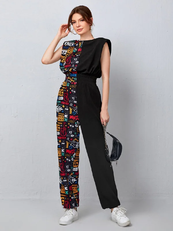 Casual Graphic Sleeveless Round Neck High Waist Long Women Jumpsuit