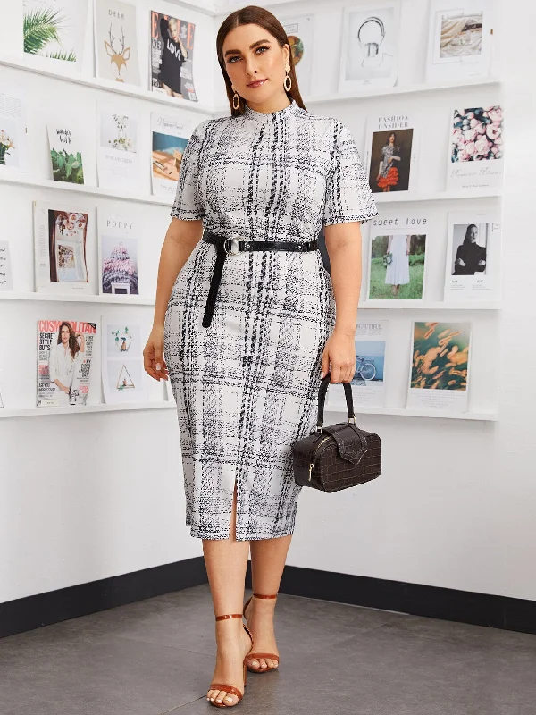 Elegant Plaid Split Short Sleeve Stand Collar Pencil Natural Long Plus Size Dress Hip Women's Retro Elegant Plaid Split Short Sleeve Stand Collar Pencil Natural Long Plus Size Dress Hip Women's Retro