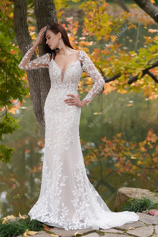 Delicate 3D Lace Hand Beaded Straps Gown With Sleeves