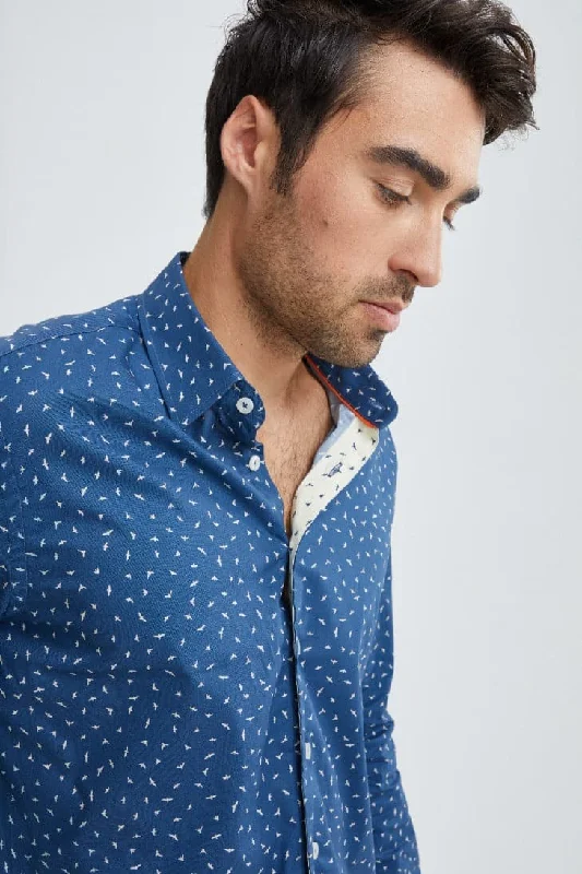 Navy Woven Bird Print Shirt