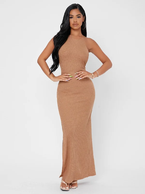 Glamorous Plain Tie Back Sleeveless Halter Pencil Natural Maxi Dress