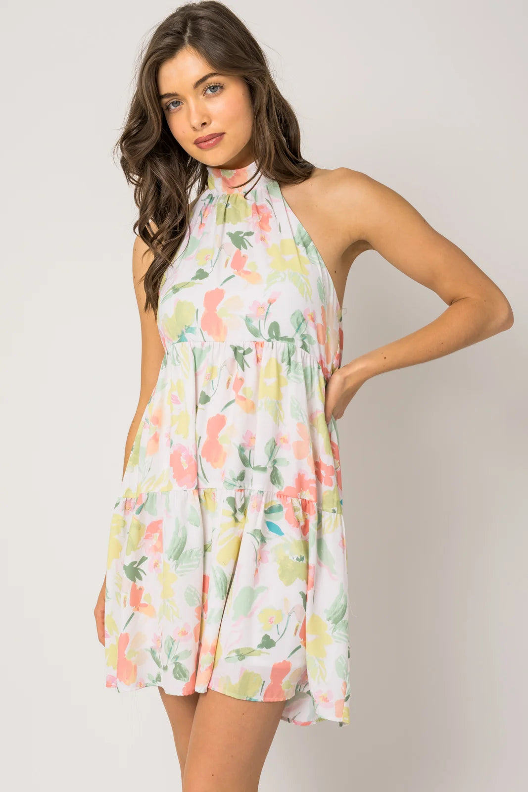 Sleeveless Halter Neck Shirring Floral Print Dress