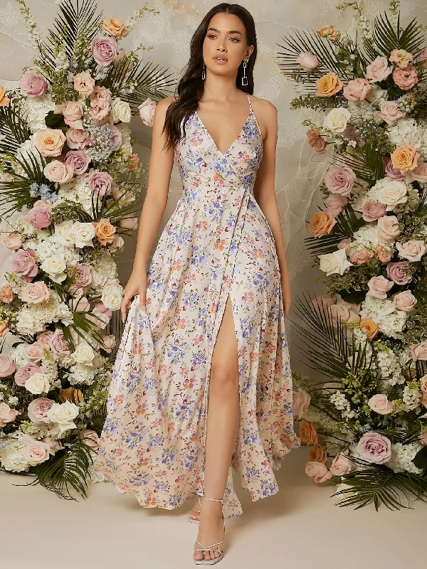 Ditsy Floral Split Thigh Sleeveless Spaghetti Strap Slit High Waist Maxi Dress