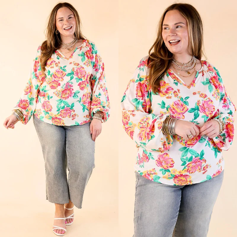 Follow Your Happiness Notched V Neck Floral Top with Long Sleeves in White