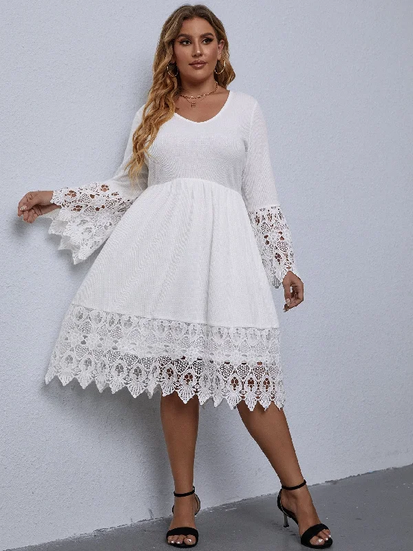 Elegant Plain Contrast Lace Long Sleeve V Neck Flared High Waist Midi Plus Size Dress