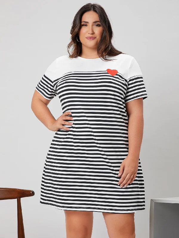 Casual Striped Embroidery Short Sleeve Round Neck Straight Natural Short Plus Size Dress Dapper Women's Bow - adorned Casual Striped Embroidery Short Sleeve Round Neck Straight Natural Short Plus Size Dress Dapper Women's Bow - adorned