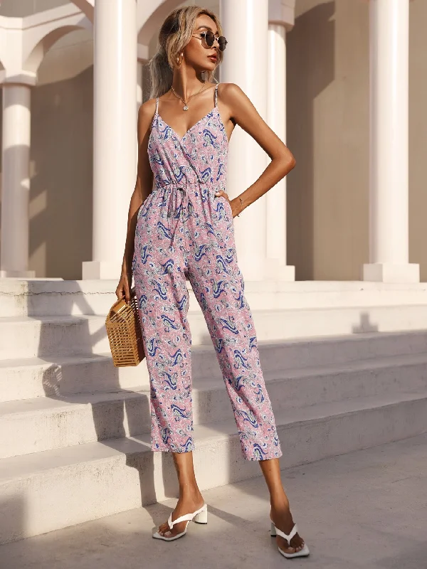 Boho Paisley Knot Sleeveless Spaghetti Strap High Waist Long Women Jumpsuit