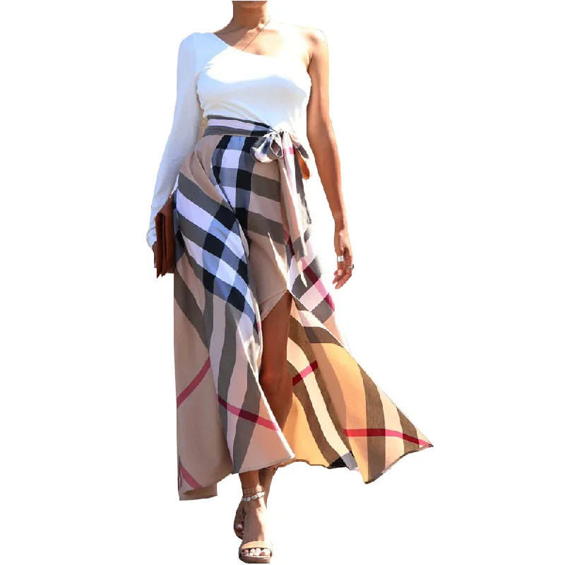 One Shoulder Printed Slit Dress Plaid Wholesale Womens Clothing N3823103000091