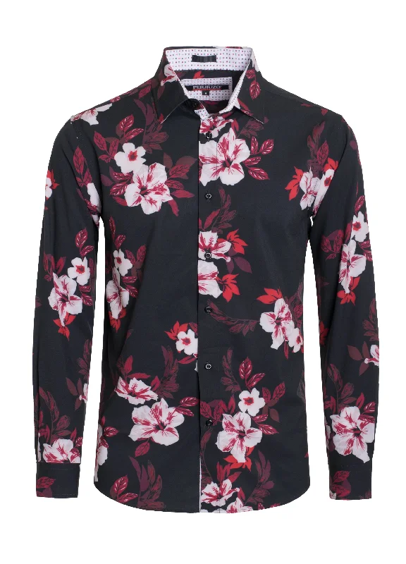 Black Tropical Print Stretch L/S Shirt (4835)