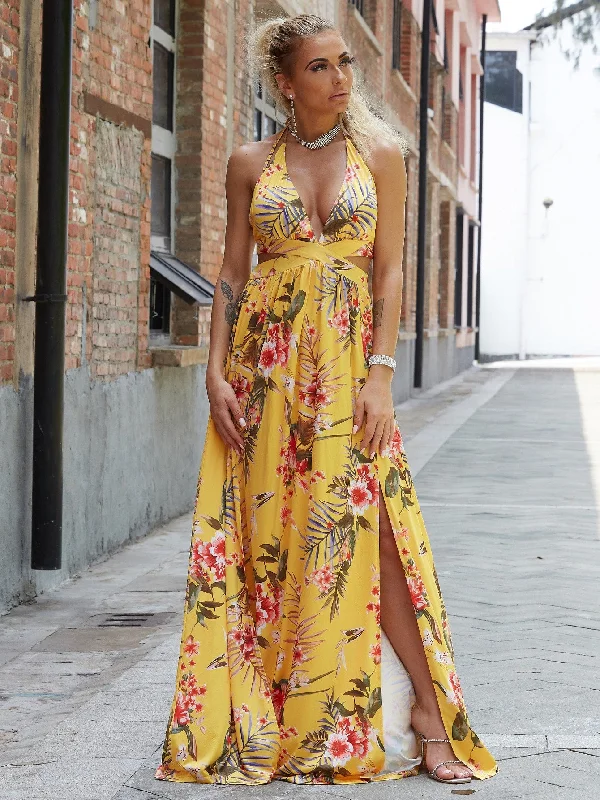 Floral Split Thigh Sleeveless Halter Slit High Waist Maxi Womens Dress