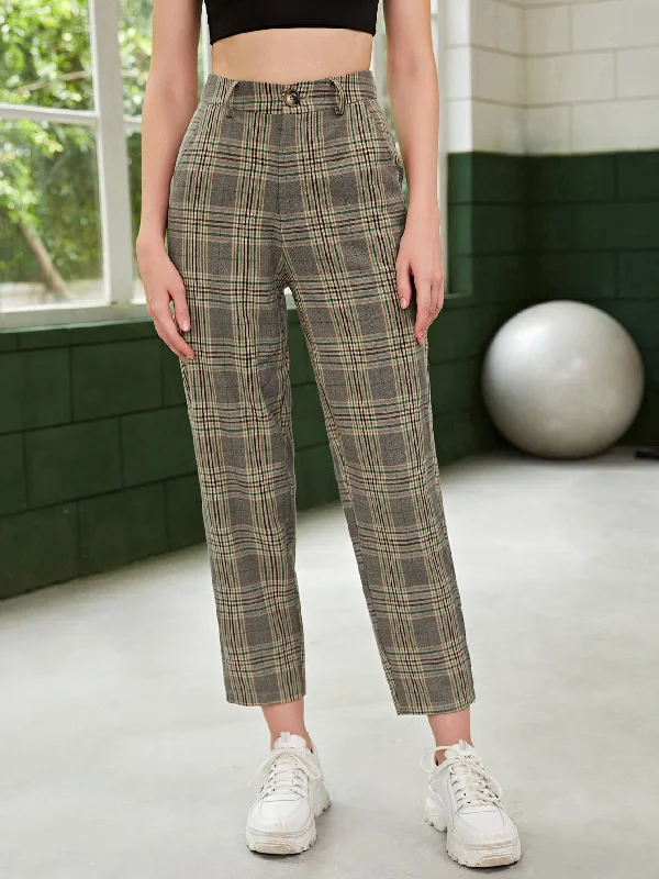 Preppy Plaid Zipper High Waist Cropped Women Pants