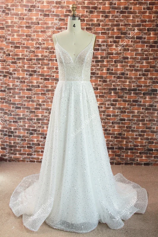 Beaded Tulle A-line wedding dress with a plunging V-back