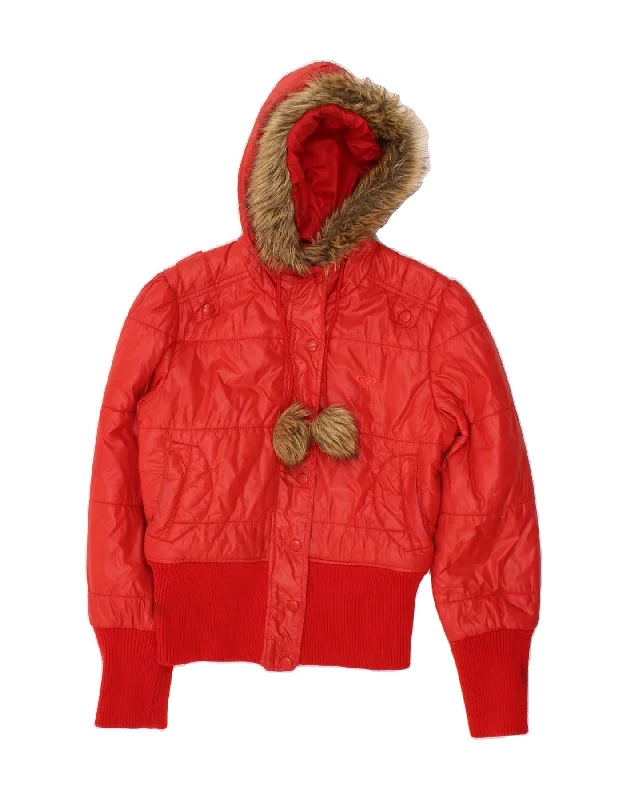 ROXY Womens Hooded Padded Jacket UK 12 Medium Red Polyamide