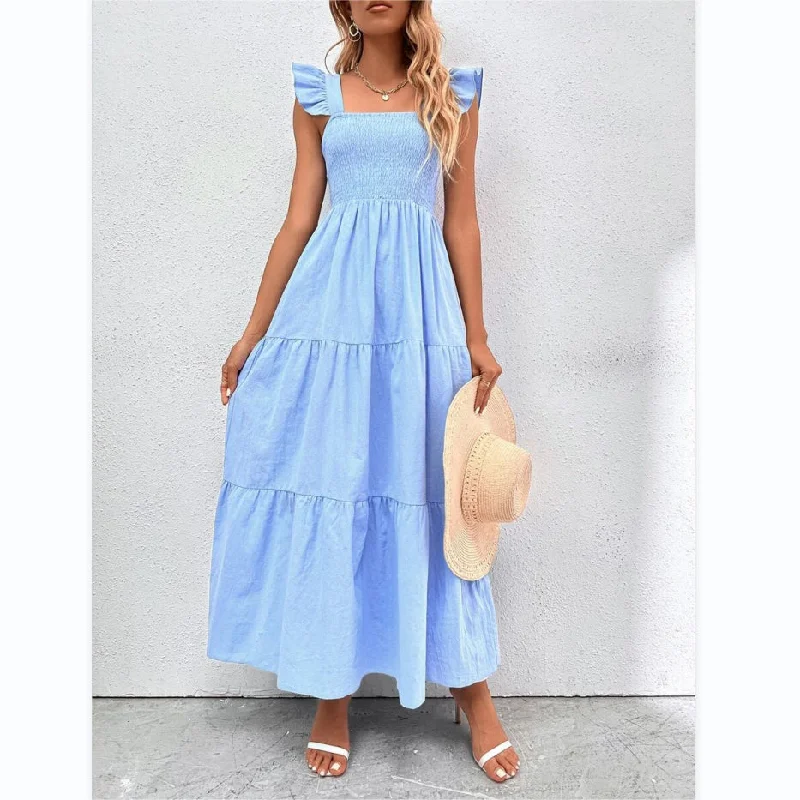 Square Neck Swing Solid Color Sling Frill Dress Wholesale Dresses