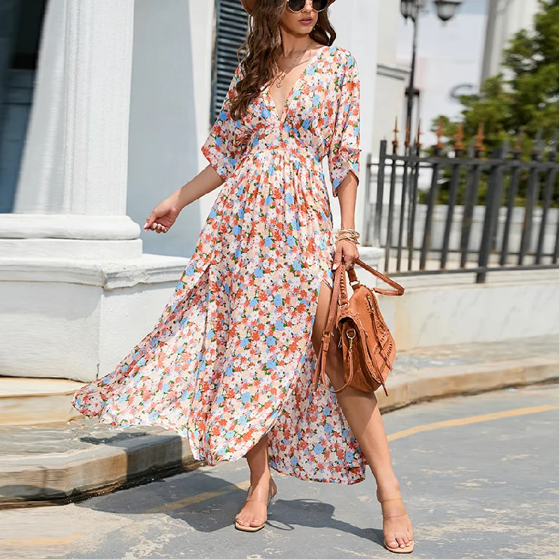 Sexy V-Neck Short Sleeve Floral Print High Waist Swing Dress Wholesale Maxi Dresses