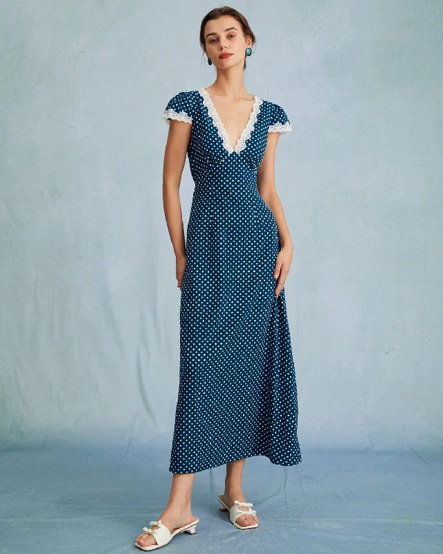 The Navy V Neck Polka Dot Lace Ruched Maxi Dress Contemporary 