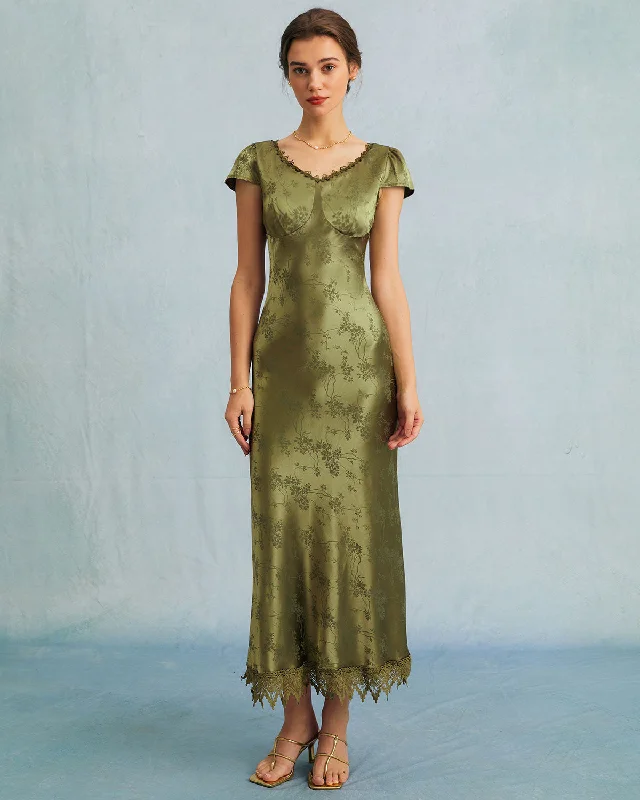 The Green Jacquard Cap Sleeve Satin Midi Dress Hip Women's Urban