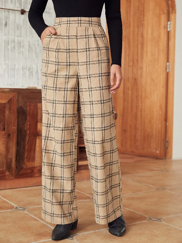 Casual Plaid Zipper High Waist Long Women Pants