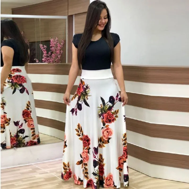 Stylish Floral Printed Splicing High Waist Long Dress Wholesale Dresses