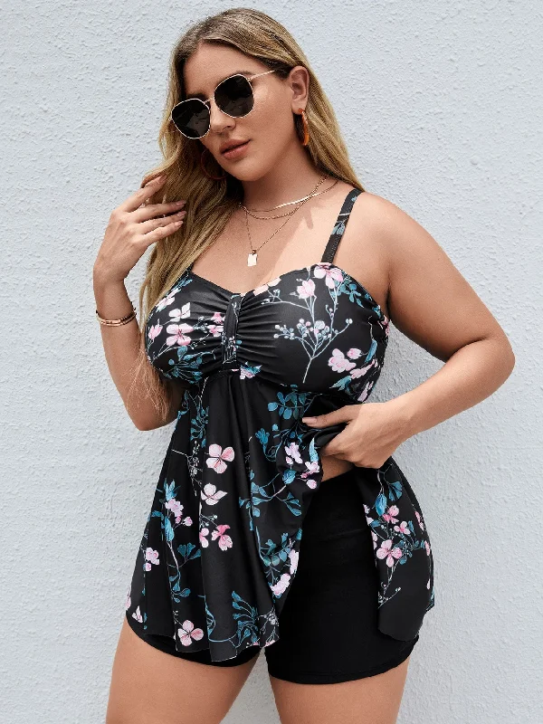 Boho Floral Ruched Spaghetti Strap Plus Size Tankini