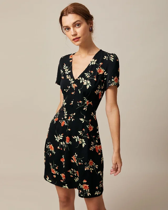 The Black V Neck Floral Button Up Mini Dress European