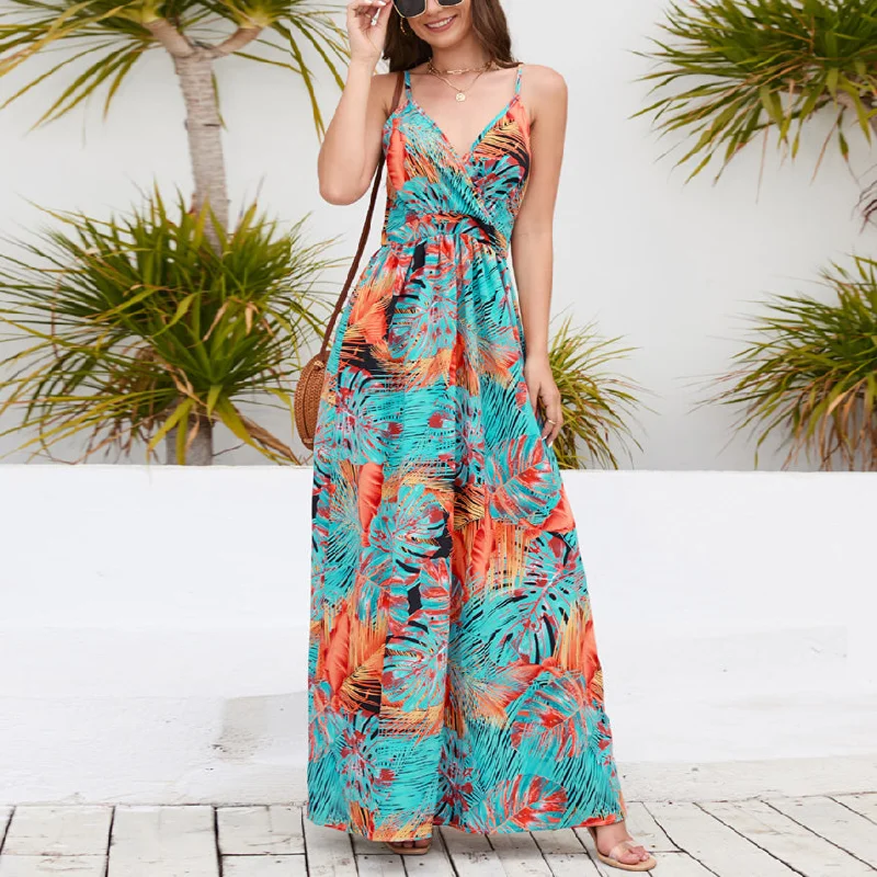 Hawaii Palma Printed Sexy V-Neck High Waist Sling Dress Wholesale Maxi Dresses