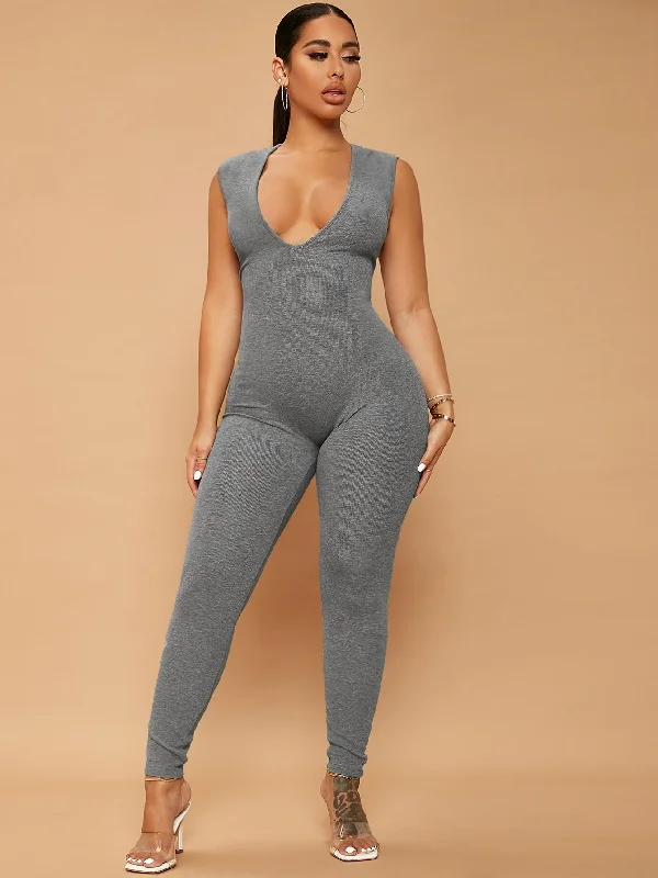 Casual Plain Rib-Knit Sleeveless Deep V Neck Natural Long Women Jumpsuit