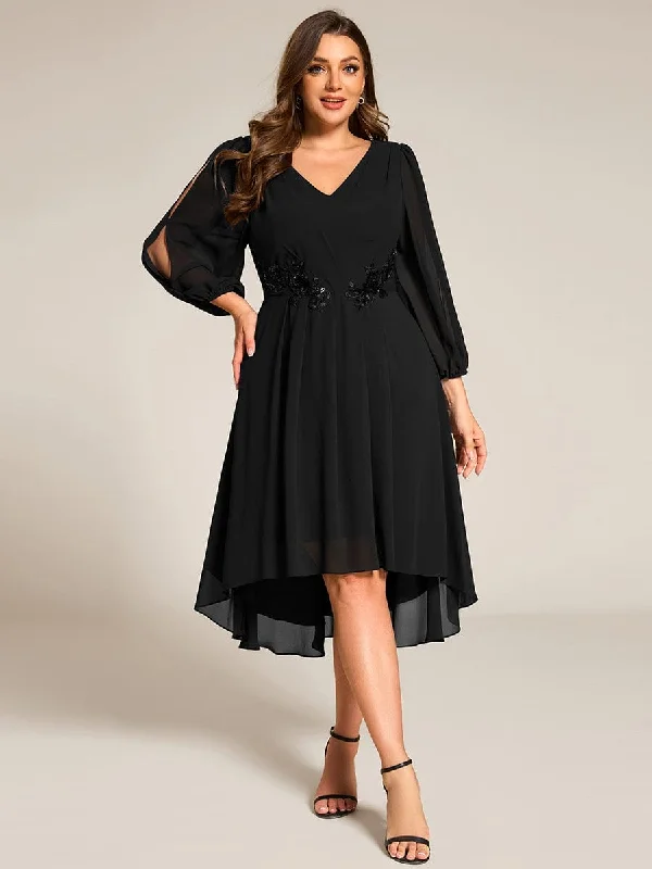 Warm Elise | Plus Size Flowy Long Sleeves V-Neck Waist Applique Midi Chiffon Wedding Guest Dress