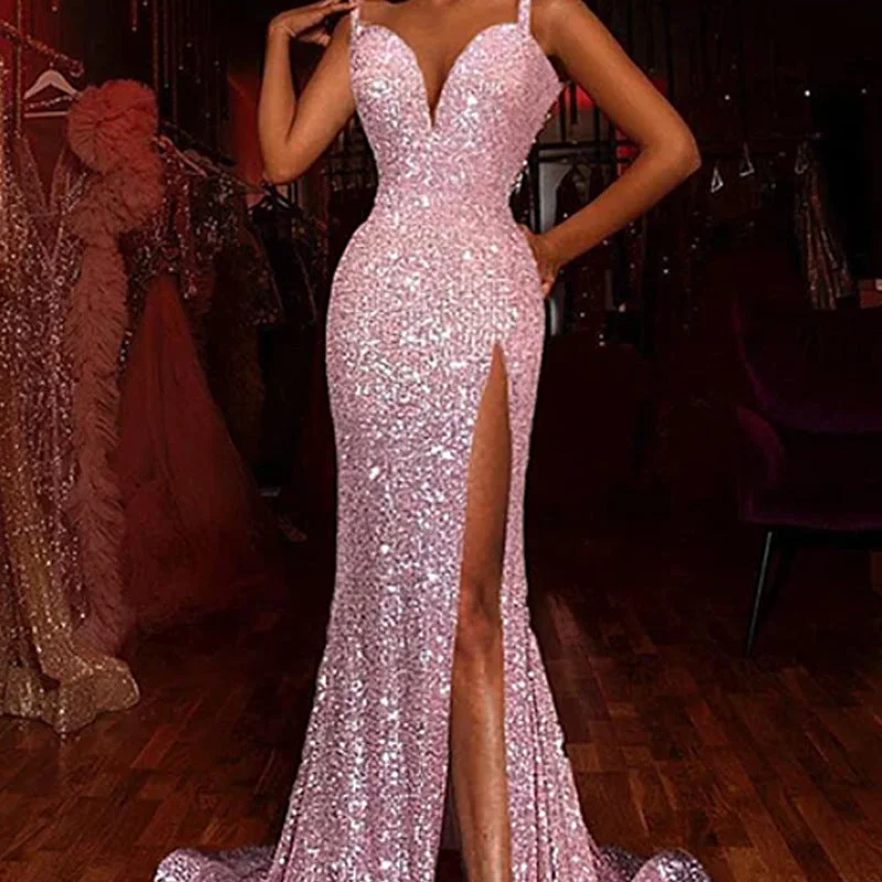 Sexy Split Sleeveless Sequined Halter Floor Length Gowns Wholesale Dresses