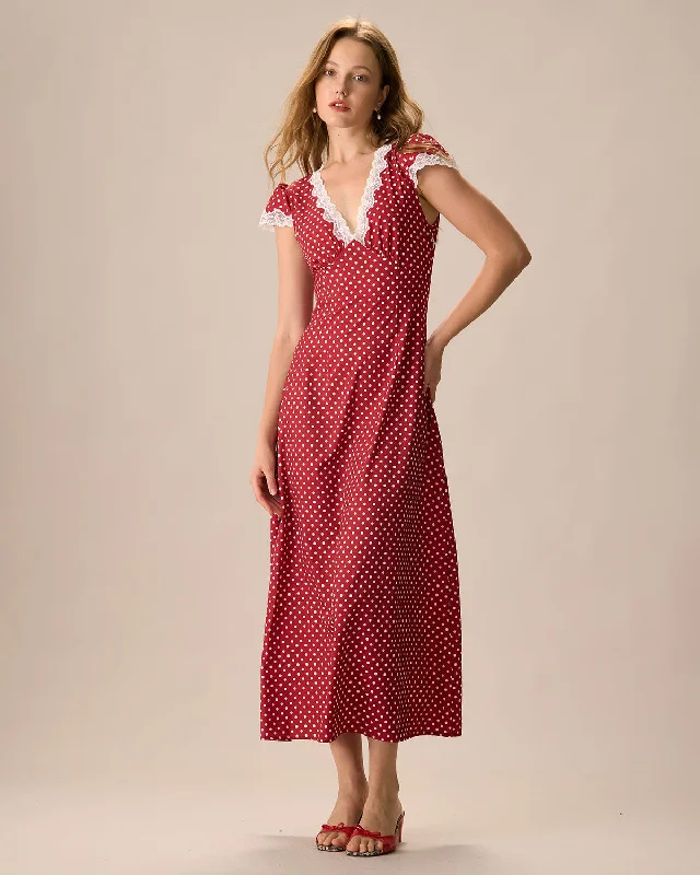 The Red V Neck Polka Dot Lace Ruched Maxi Dress Country