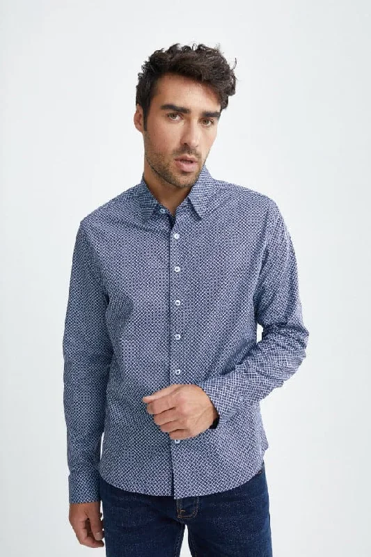 Blue Floral Geometric Print Stretch Woven Shirt