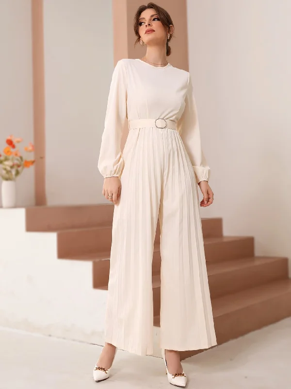 Elegant Plain Belted Long Sleeve Round Neck High Waist Women Jumpsuit