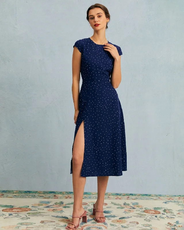 The Navy Round Neck Polka Dot Cutout Midi Dress Laid - back Women's Style