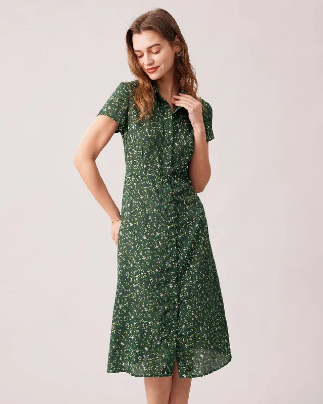 The Green Lapel Button Up Floral Midi Dress Cozy Women's Sherpa - lined