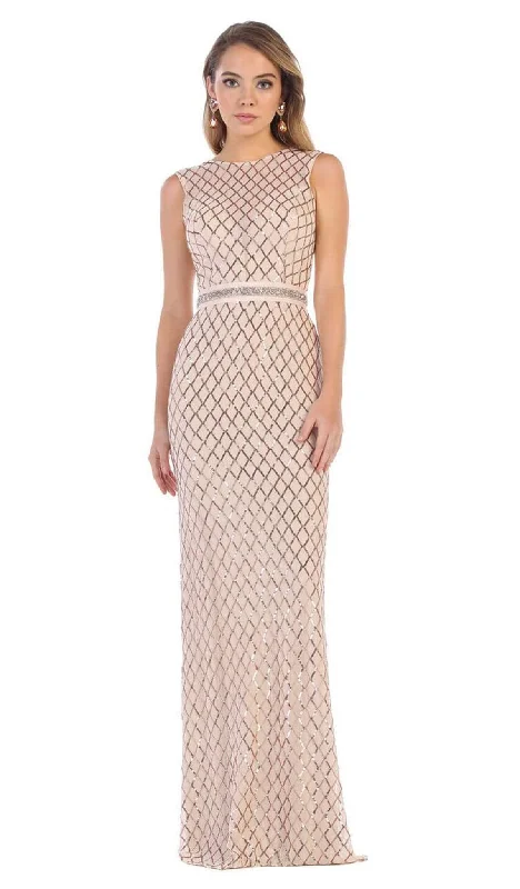 May Queen - MQ1606 Sequined Lattice Sheer Sheath Gown Athletic Women's 
