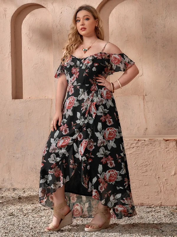 Boho Floral Wrap Short Sleeve Spaghetti Strap Wrap High Waist Long Plus Size Dress Traditional Women's 