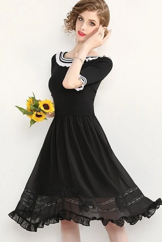 Boatneck Midi Dress W/ Ruffle Hem Casual Women's Loose - fitting