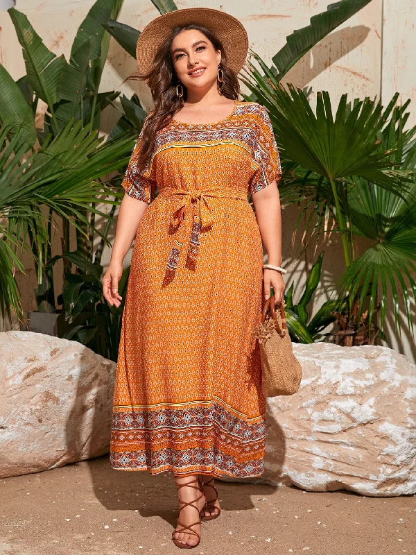 Modest Tribal Belted Short Sleeve Scoop Neck Flared High Waist Long Plus Size Dress Sporty Women's Tennis Modest Tribal Belted Short Sleeve Scoop Neck Flared High Waist Long Plus Size Dress Sporty Women's Tennis