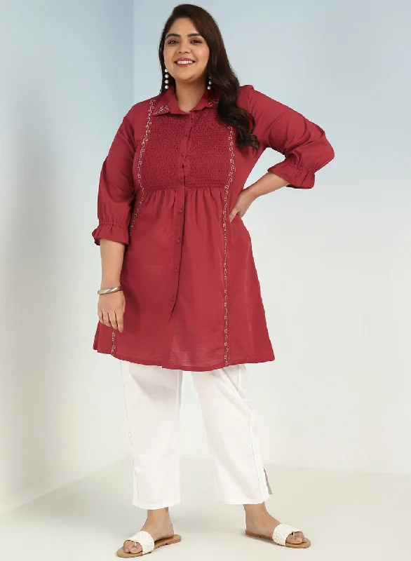 Brick Red A Line Tunic with Smocking Front and Classic Collar