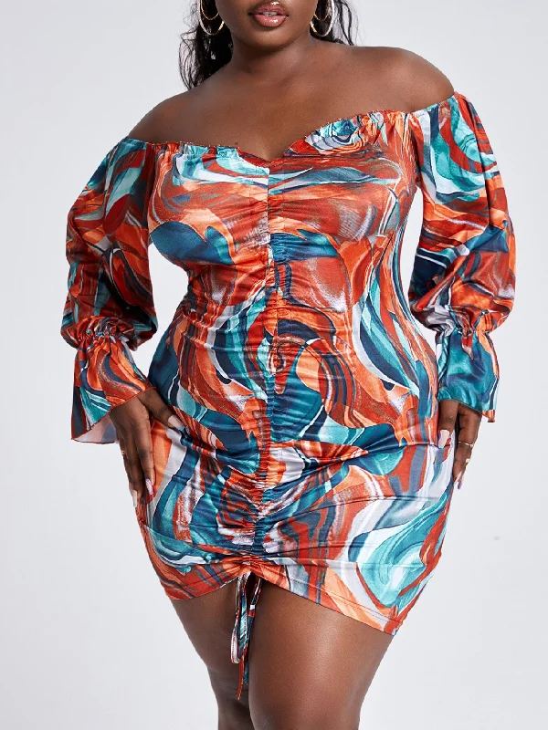 Sexy All Over Print Drawstring Long Sleeve Off The Shoulder Pencil Natural Short Plus Size Dress