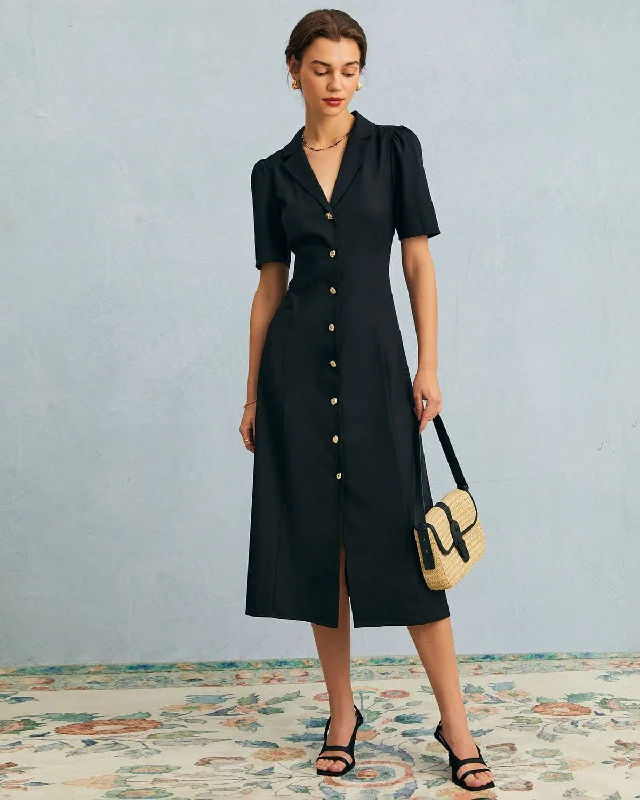 The Black V Neck Button Puff Sleeve Midi Dress Sporty Women's Tennis