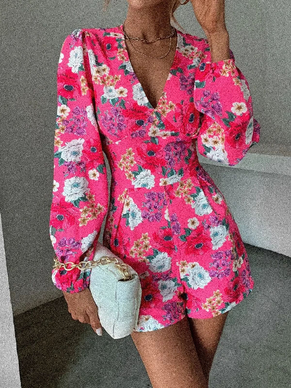 Boho Floral Long Sleeve V Neck High Waist Short Women Jumpsuit