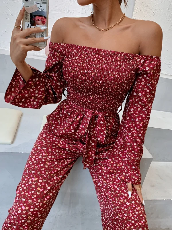 Boho Ditsy Floral Shirred Long Sleeve Off The Shoulder High Waist Long Women Jumpsuit