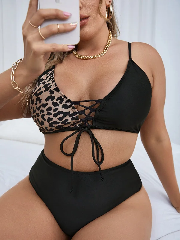 Sexy Leopard Lace Up Spaghetti Strap Plus Size Bikini Sets