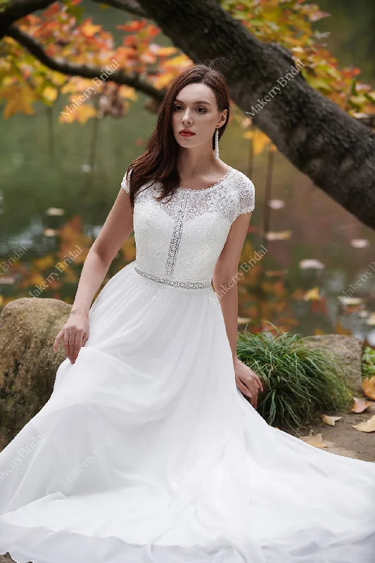 Cap Sleeves Chiffon Bohemian Wedding Dress